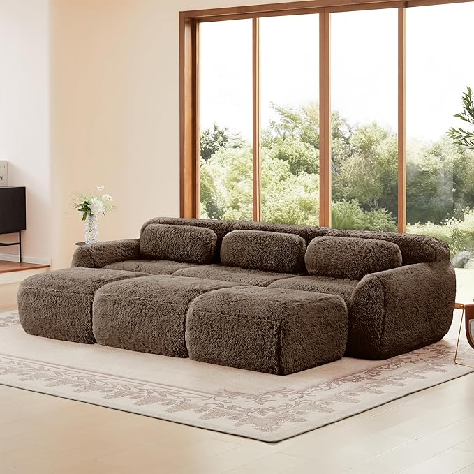 Boneless Couch Modular Sectional Sofa 114.7 Modern Sectional Couches for Living Room Comfy Cloud Sofa No Assembly 3 Seater Couches with Ottoman Deep Seat Floor Sofas Anti-SlipBrown
