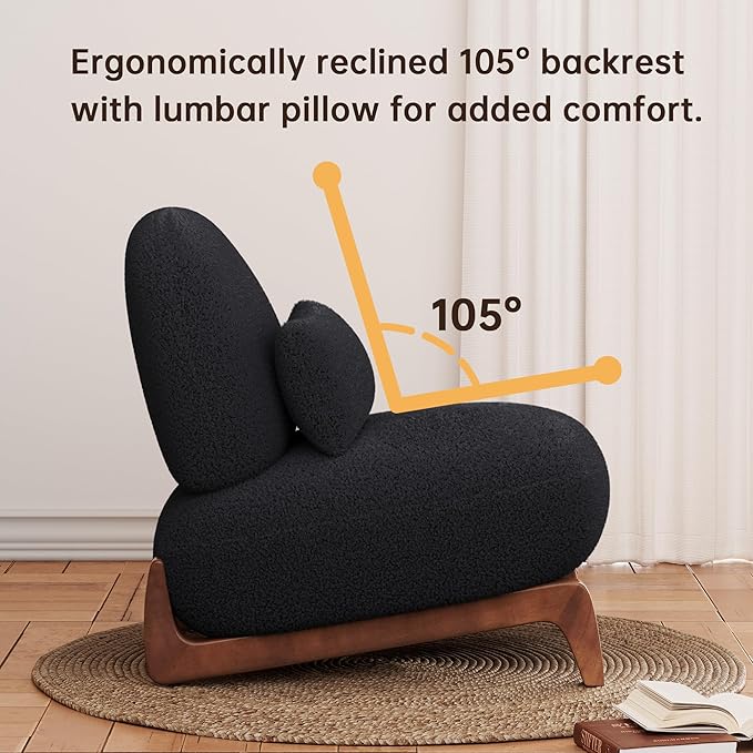 Morden Fort Sherpa Boucle Chair Single Tilted Modern Wood Chair with Thick Cushion Comfortable Lumbar Pillow Armless Reading Accent Chair Compatible with Sofa Set Couch for Living Room Black