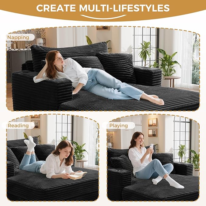 60 Chaise Lounge Indoor Upgraded Oversized Plush Faux Fur Sleeper Sofa Bed w/Pillows &amp Wide Armrests Fluffy Upholstered Reading Chairs Cloud Sofa Couches for Living Room Set of 2Black