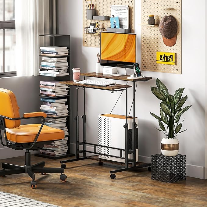 HOMCOM Height Adjustable Standing Desk with Power Outlets Stand Up Desk with Tiltable Tabletop Lockable Wheels Bottom Shelf Rolling Workstation for Home Office Brown