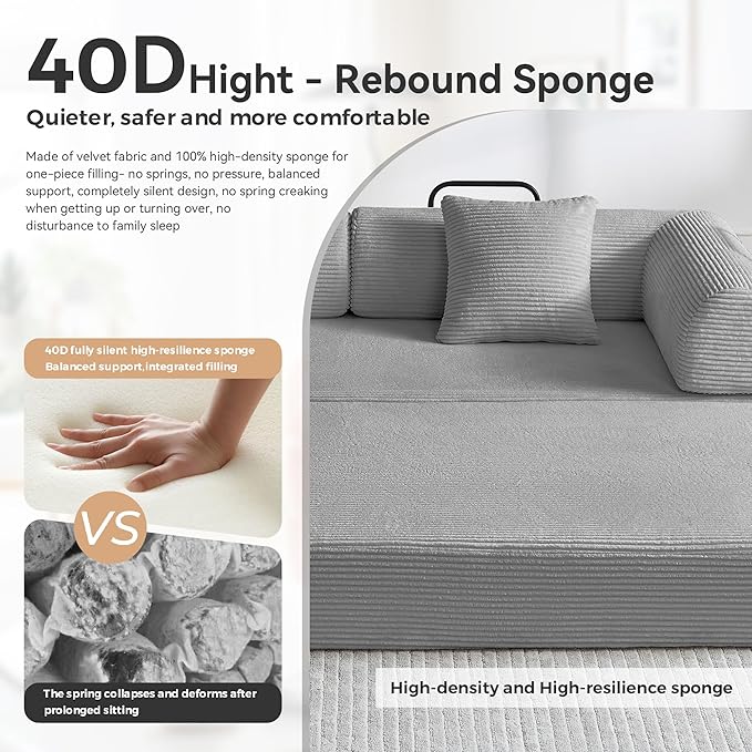 Convertible Sleeper Sofa Bed Sleeper Sofa with Pillow | Corduroy Fabric | High-Density Sponge | Fixed-Shape Frame Modular Sofa Bed for Living Room Lounge Studio (Light Grey)