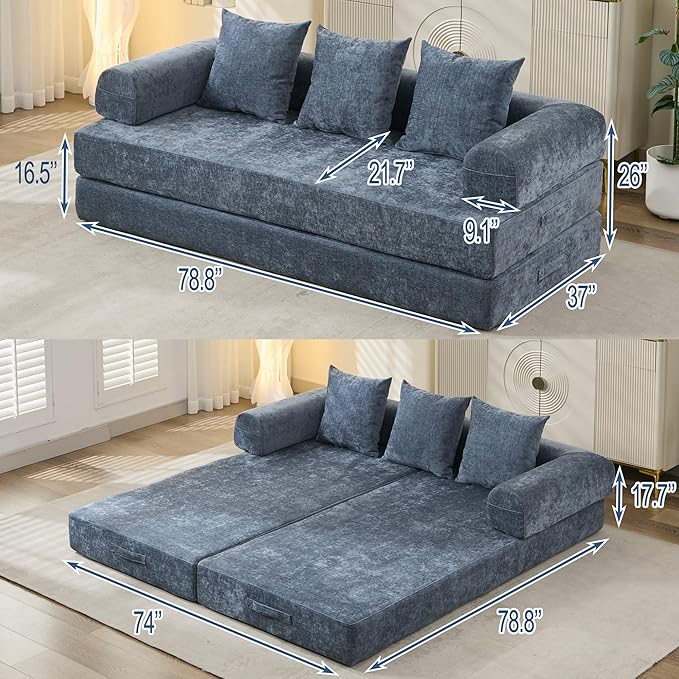 Convertible Folding Sofa Bed Modular Floor Couch 78.8‘’ Cloud Sleeper Sofa with Removable Backrest Chenille Foldable Mattress Couch Lazy Loveseat for Small Space Apartment Bedroom Blue