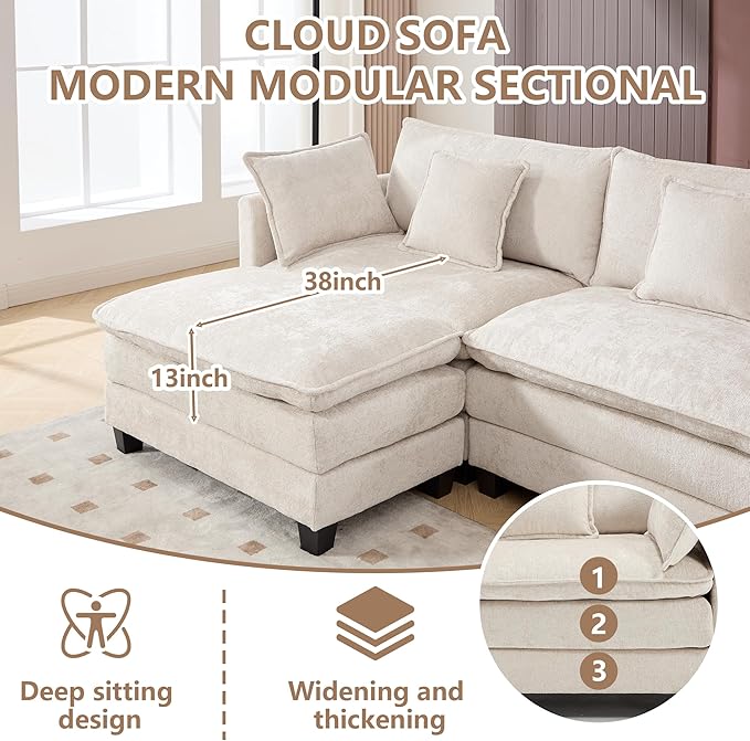Cloud Modular Sectional Sofa U-Shaped Deep Seat Oversized Couch for Large Living Room Pet-Friendly Chenille Fabric Sofa Set with Ottoman for Family Movie Nights