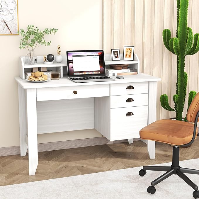 GLACER 48 Computer Desk with 4 Storage Drawers &amp Hutch Home Office Desk with Cable Hole for PC Laptop Wooden Writing Workstation Gaming Desk for Office Study Bedroom Small Spaces (White)