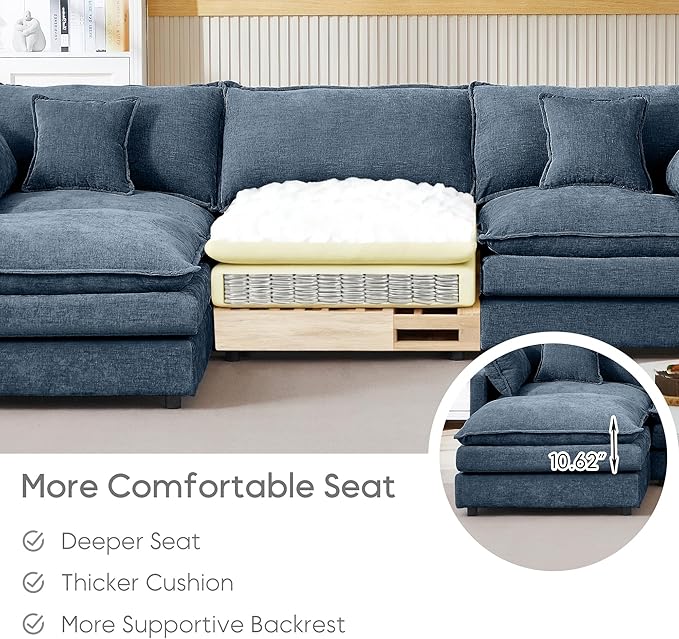 130.7 U Shaped Modular Sectional Sofa Comfy Upholstery Chenille Cloud Couch with Ottoman Modern 6-Seat Deep Seat Sofa with Pillow for Living Room Bedroom Apartment Navy Blue