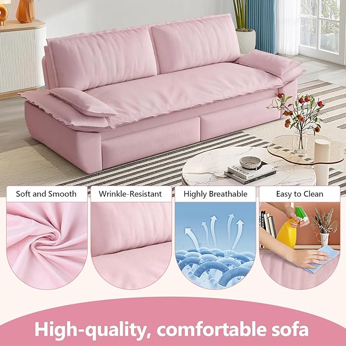 73.2 Queen Size Sofa Bed 3 in 1 Convertible Pull Out Sleeper Sofa with Thicked Cushions and Side Storage Velvet Loveseat Couch for Home Living Room Bedroom Apartment Lounge Small Spaces Pink