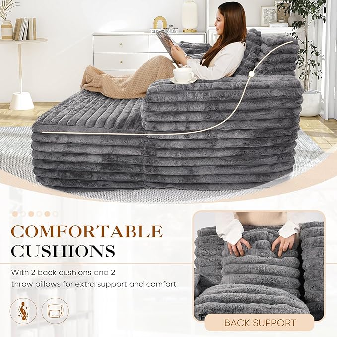 Chaise Lounge Chair Indoor Comfy Corduroy Plush Fluffy Foam Floor Compressed Sofa Chair Leisure Reading Single Sleeper Chaise Chair for Living Room Bedroom Office Pillows Included (Grey)