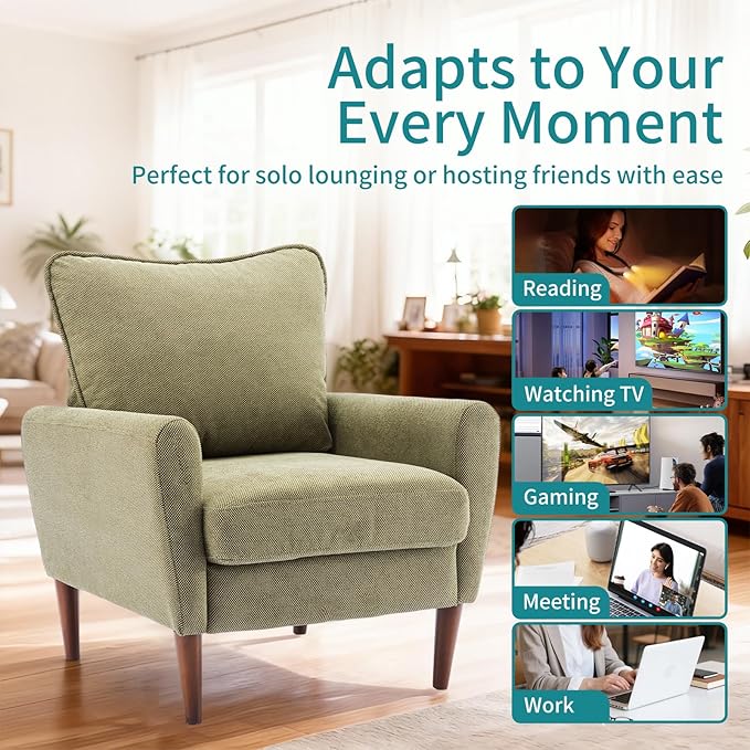 OLIXIS Comfy Accent Chair for Living Room Bedroom and Waiting Room Upholstered Mid-Century Reading Chair with Pillow and Solid Wood Legs Wide Singe Modern Lounge Sofa (Green)