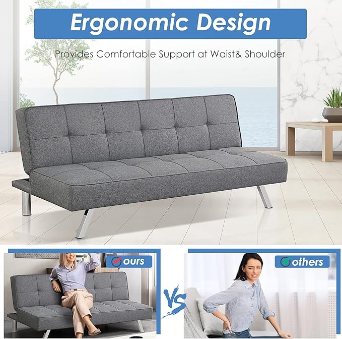 Giantex 3-Seat Convertible Sofa Bed Sofa Bed w/ 3 Adjustable Angles Line Fabric &amp High-Density Sponge Durable Wood Frame &ampSturdy Stainless-Steel Feet Suitable for Living Room Bedroom