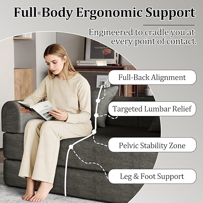 53.15'' Convertible Compressed Corduroy Folding Cloud Sofa Bed Modern Boneless Pull Out Loveseat Sleeper in a Box 4 in 1 Floor Mattress Futon Cloud Couch No Assembly Needed Grey 2 Pillows Full
