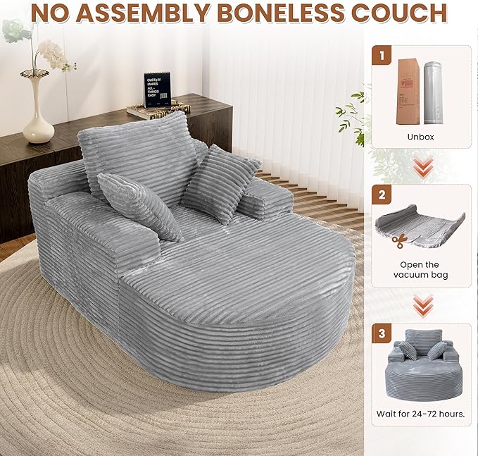Luxury Oversized D-Shape Couch Corduroy Recliner Sofa Chair No Assembly Required 67 Zero Gravity Lounge Chair Deep Seat for Living Room Bedroom Includes 3 Pillows Gray