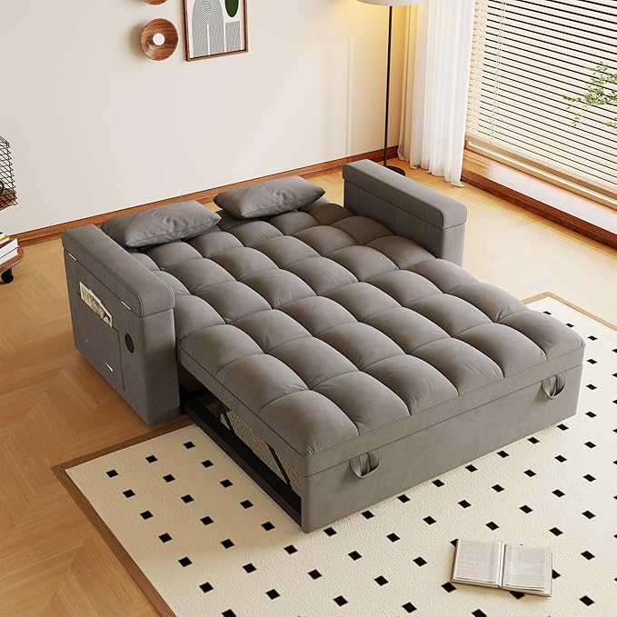 65 Convertible Sleeper Sofa Bed with Storage Modern Velvet Loveseat Pull-Out Couch with USB and Table Board Small Love Seat Lounge Sofa w/Adjustable Backrest Pillows Pockets for Living Room