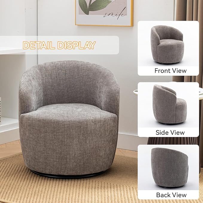 360 Degree Swivel Accent Chair Modern Barrel Vanity Chair with Back Comfy Single Circle Couch for Living Room Bedroom Reading Nook (Chenille Gray)