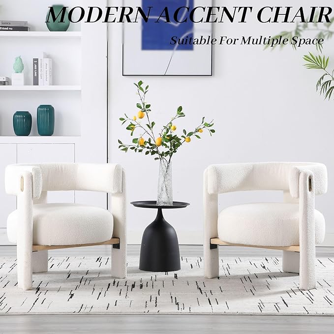 Wahson Modern Barrel Accent Chairs Set of 2 | Boucle Upholstered Armchair Single Sofa Chair Side Chair Reading Chair Living Room Chair | Three Legs White Sherpa