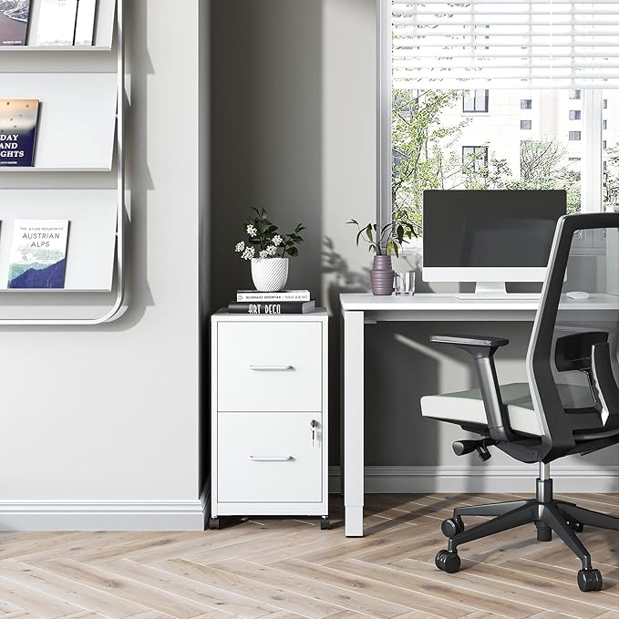 2 Drawer File Cabinet on Wheels Mobile Filing Cabinets with Lock Metal Storage Cabinet Vertical Filing Cabinets for Home Office Rolling File Cabinet for Under Desk Amssebly RequiredWhite