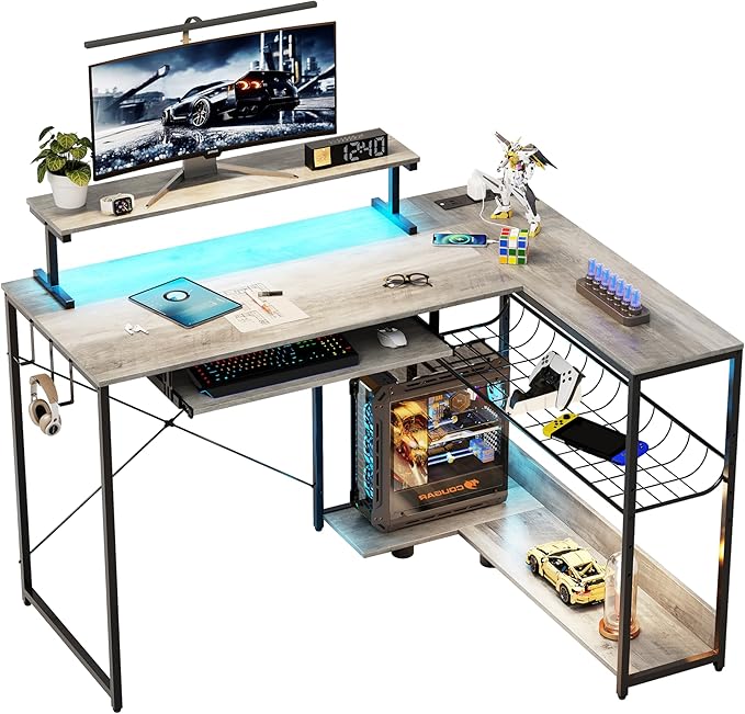 L Shaped Gaming Desk with Power Outlets &amp RGB Lights 46'' L- Shaped Desk Computer Corner Desk with Monitor Stand &amp Storage Shelf &amp Hook Home Office Desk Writing Desk Grey