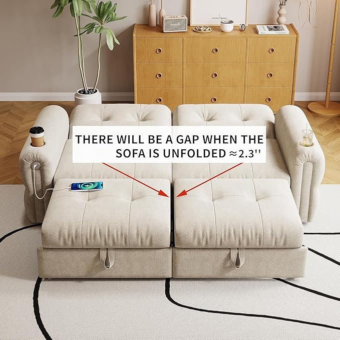 77 Pull Out Sofa Bed Velvet Convertible Sleeper Couch Loveseat Chaise Lounge with Cup Holder and USB Pullout Futon Sofa Bed for Living Room Bedroom Small Spaces RV (Beige-)