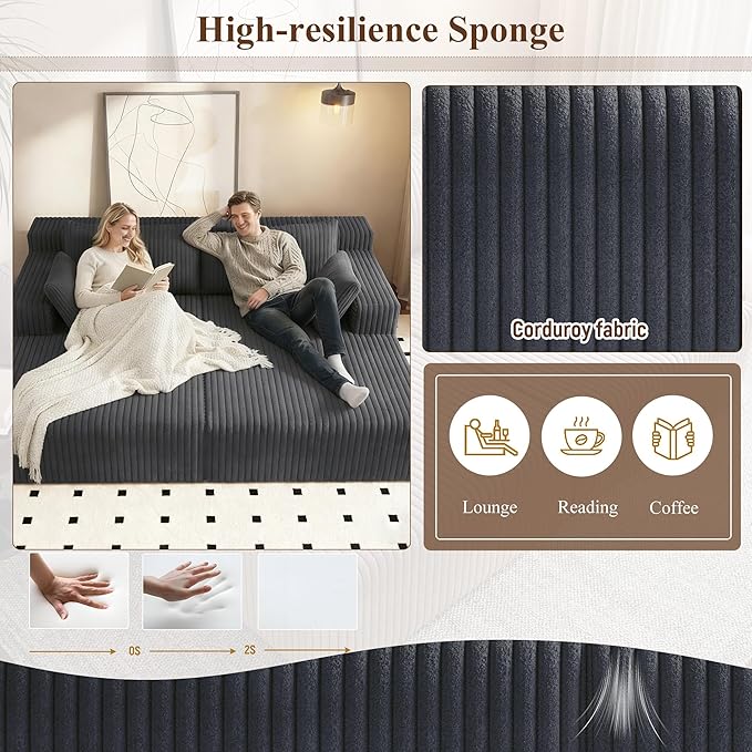 71'' Oversized Double Chaise Lounges Indoor Cloud Upholstered Boneless Couch Bed Deep Seat No Assembly Required Modern Corduroy Sleeper Loveseat Chair for Living Room Bedroom Reading (Dark Grey) |
