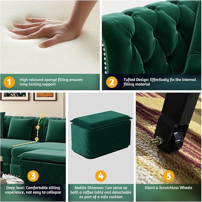 3-in-1 Pull Out Sofa Bed - 89 King Size Convertible Sleeper Sofa Large Velvet 3-Seater Sofa with Movable Ottoman Sleek Rivet Detailing Tufted Design Pull Out Couch (Green)