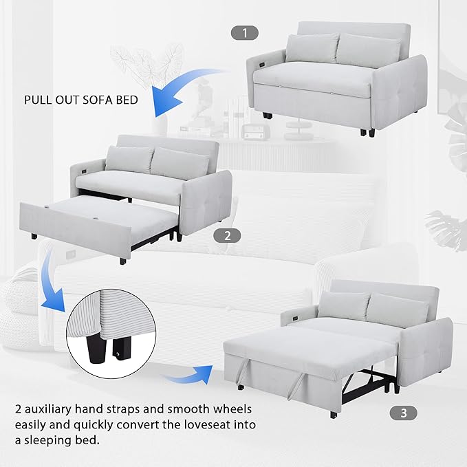 Modern 57.48 Pull-Out Sofa Bed 2 Seater Loveseats Sofa Futon Couch with Adjustable Backrest Convertible Couch Sleeper Sofa with Two Throw Pillows for Living Room (Light BlueCorduroy Fabric)