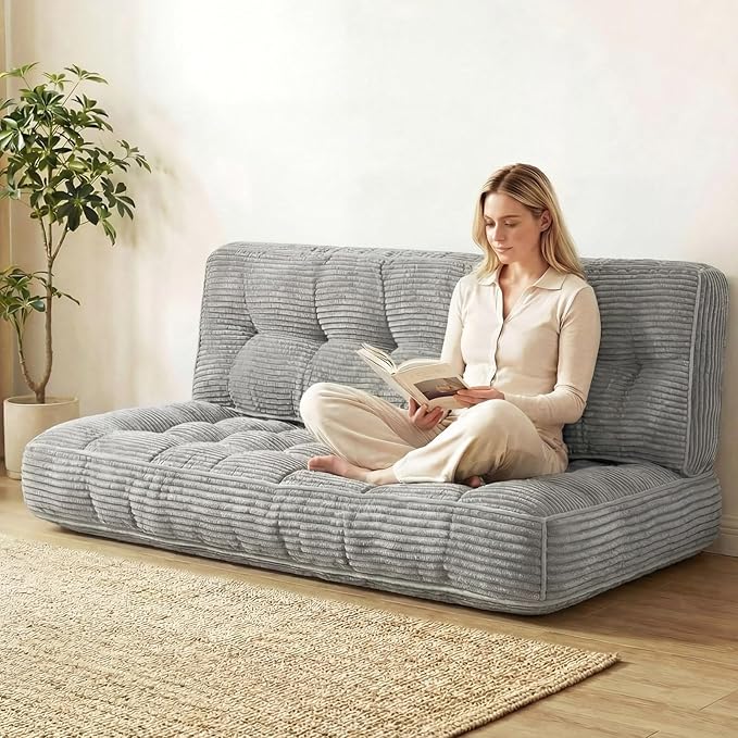 63 Inch Folding Bench Cushion 4 Inch Thick 2-in-1 Convertible Long Floor Lounger Boneless Cushions Couch Mattress Upholstered for Yoga Reading Sleeping Meditation Living Room(Light Grey)