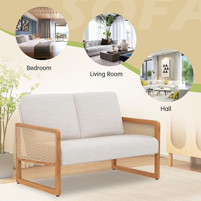Alunaune Modern Loveseat Bench Couch with Natural Rattan Arm Upholstered Linen Small Love Seat Sofa 2-Seats Living Room Couch Settee Comfy Lounge Recliner Chair-Ivory