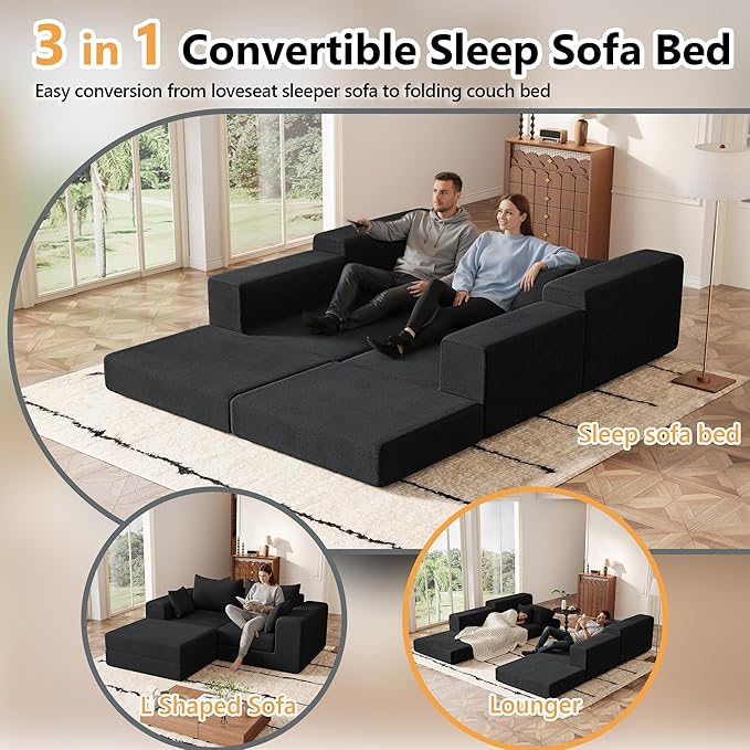 Modern Small Boneless Couch Convertible Modular Sectional Sleeper Sofa Bed Corduroy Memory Foam Cozy Modular Cloud Couch L-Shaped Cloud Sofa for Living Room No Assembly Black