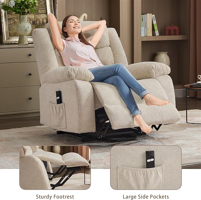 Oversized Power Lift Recliner for Elderly Extra Wide Electric Recliner Chairs with Massage and Heat Reclining Chair with Side Pockets Recliner for Living Room (Imitation Cashmere Khaki)