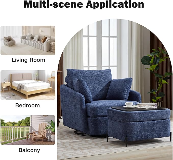 Chifee &amp Vingol 40.6 Oversized Swivel Accent Chair with OttomanChenilleNavy