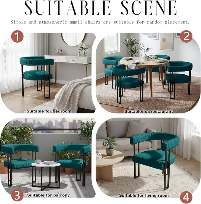 Vanity Chair for Makeup Room Corduroy Accent Chair with U-Shaped Backrest Modern Comfy Desk Chair No Wheels Upholstered Dining Chair with Metal Legs for Bedroom Living Room (Teal1)