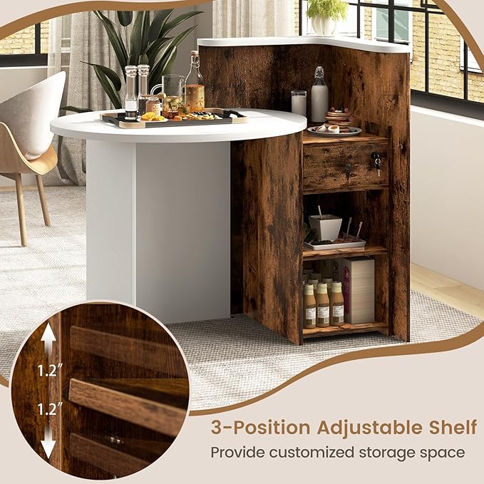 Reception Desk Small Retail Checkout Counter with Lockable Drawer and Open Shelves Wooden Front Desk Reception Counter Oval Desktop &amp L Counter for Store Office Lobby Salon (Brown)
