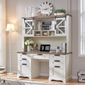 RedLemon 60 Farmhouse Desk with Hutch Wood Home Office Executive Desk with Drawer Charging Station Keyboard Tray File Drawer Storage Cabinet Rustic Writing Computer Desk (Antique White)
