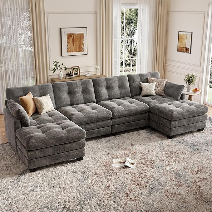 Modular Sectional U Shaped Sofa Couches for Living Room Cloud Couch with Movable Ottoman Comfy Chenille Sofa with Pillow for Bedroom and ApartmentDark Gray-Tufted