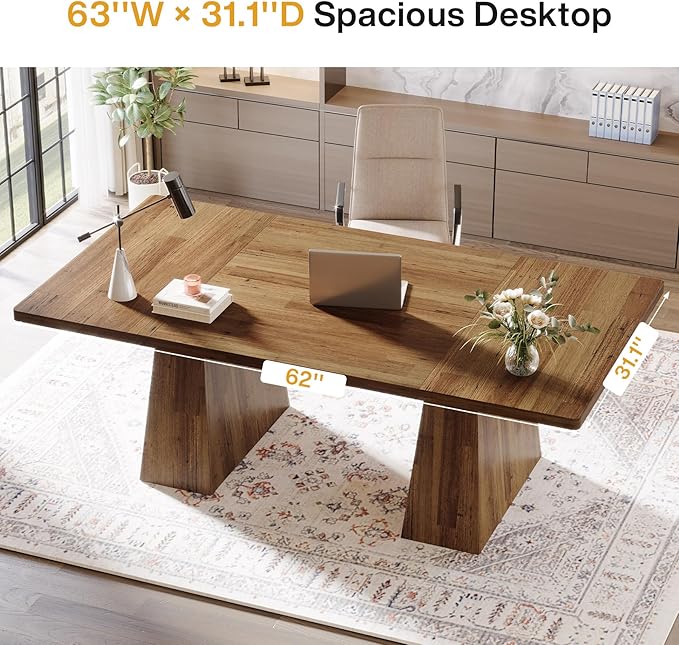 Tribesigns 63-Inch Executive Desk Large Office Computer Desk with Double Pedestal Modern Simple Workstations Writing Table Conference Table Business Furniture for Home Office Light Brown