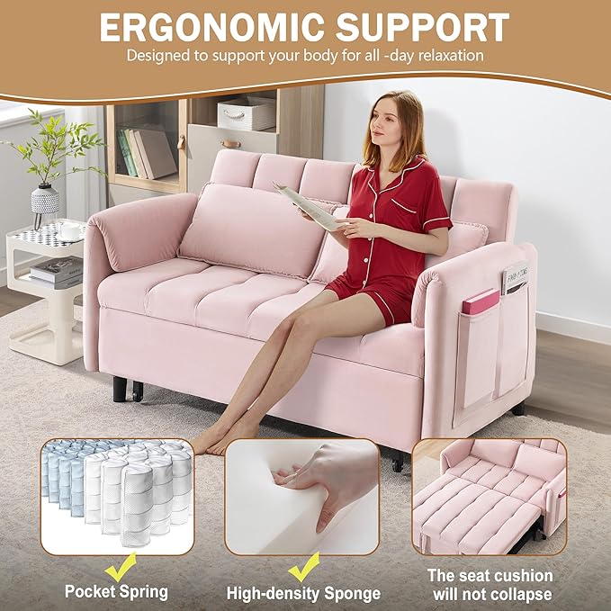 3 in 1 Convertible Sleeper Sofa Bed Modern Velvet Loveseat Pull-Out Couch Futon Love Seat Lounge Sofa with Pull-Out Bed &amp Adjustable Backrest and Side Pocket for Small Apartment Bedroom