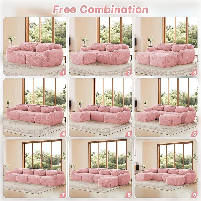80 Sectional Couches for Living Room Comfy Boneless Couch 2 Seater Cloud Sofa Compressed Loveseat with Ottoman Modern Love Seat in a Box Fluffy Plush Floor Couch No Assembly (Pink)