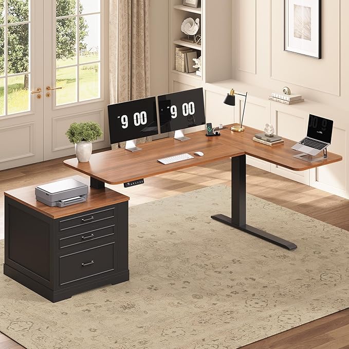 SEDETA Farmhouse L Shaped Electric Standing Desk 70.9 x 39.4 Height Adjustable Office Executive Desk with 3 Drawers Standing Computer Desks with Power Outlet for Home Office Black