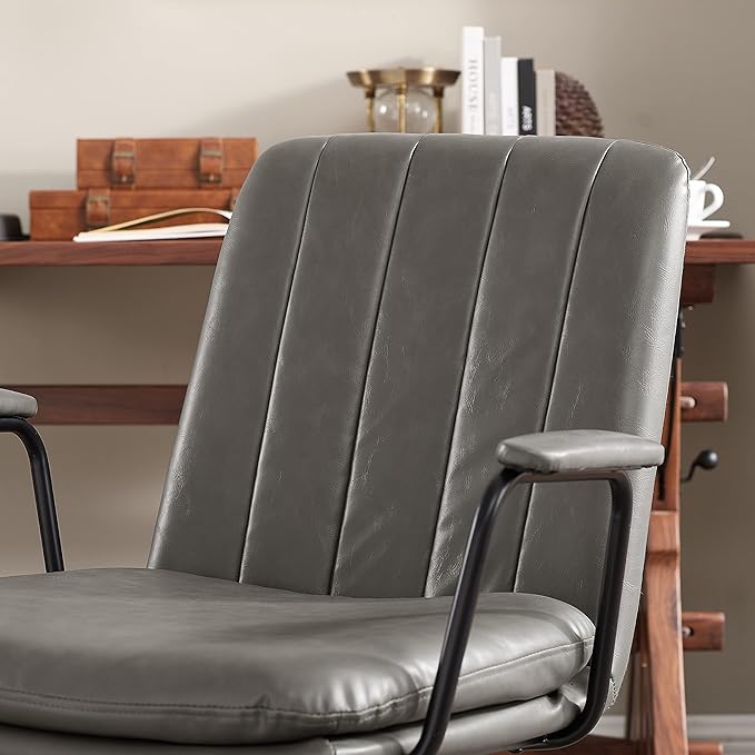 Art Leon Mid Century Modern Chair Oak Legs Swivel Accent Chair No Wheels Faux Leather Armchair for Small Spaces Home Office Living Room Bedroom Gray