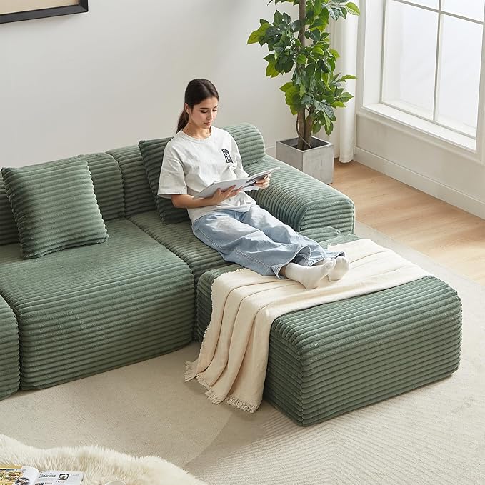 114-inch Oversized Modular Sectional Sofa Fluffy Boneless Compressed Memory Foam Corduroy Couch Comfy Modern L Shaped Couches with Ottoman &amp Pillows for Living Room Apartment Bedroom Green