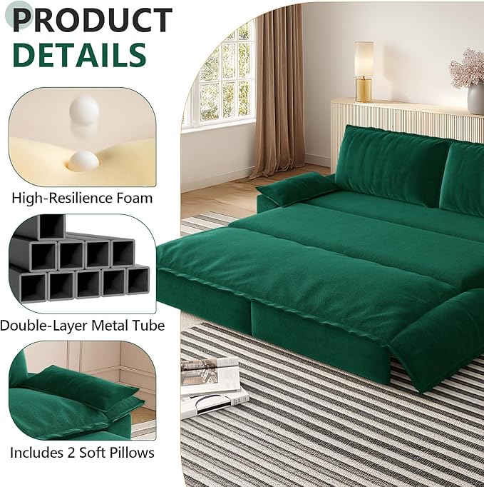 73.2 Queen Size Sofa Bed 3 in 1 Convertible Pull Out Sleeper Sofa with Thicked Cushions and Side Storage Velvet Loveseat Couch for Home Living Room Bedroom Apartment Lounge Small Spaces Green