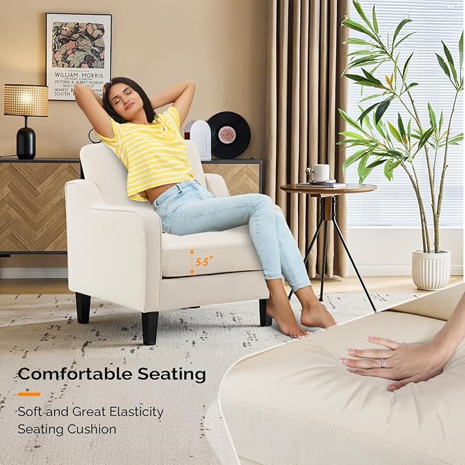 VINGLI Accent Chairs Set of 2 Beige Upholstered Linen Accent Chair for Living Room Bedroom Mid-Century Modern Arm Chair Comfy Reading Chair with Scooped Arms