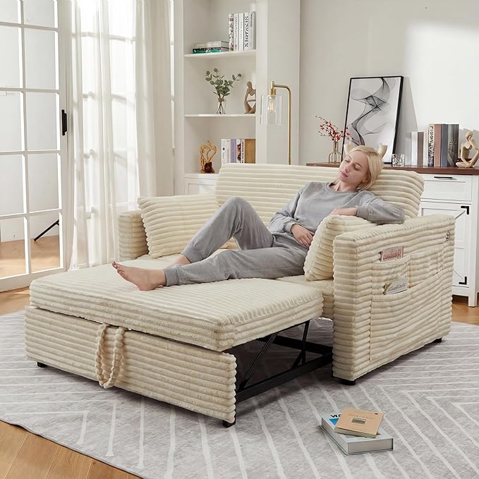 Loveseat Sleeper Sofa Bed 55'' Pull Out Couch with Adjustable Backrest Charging Station and Side Pockets Corduroy Couches for Living Room Bedroom and Apartment White