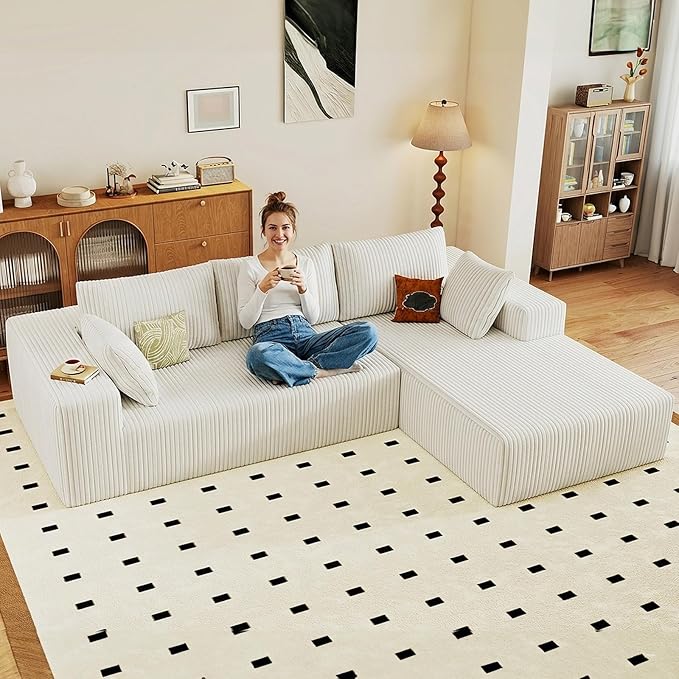 95 Cloud Sectional Couch with L-Shape Chaise Modular Comfy Sofa Chaise Longue Upholstered Corduroy Couches Sleeper with Deep Seat for Living Room Bedroom No Assembly Required(White Right Facing)