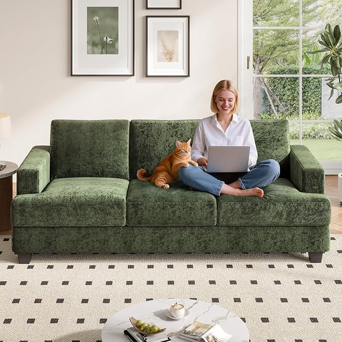 89 Inch Sofa with Extra Deep Seats Oversize3 Seater Sofa for Living Room Modern Couch and Sofa Comfy Armrests and Seats and Backrests Easy InstallationChenille Fabric Green