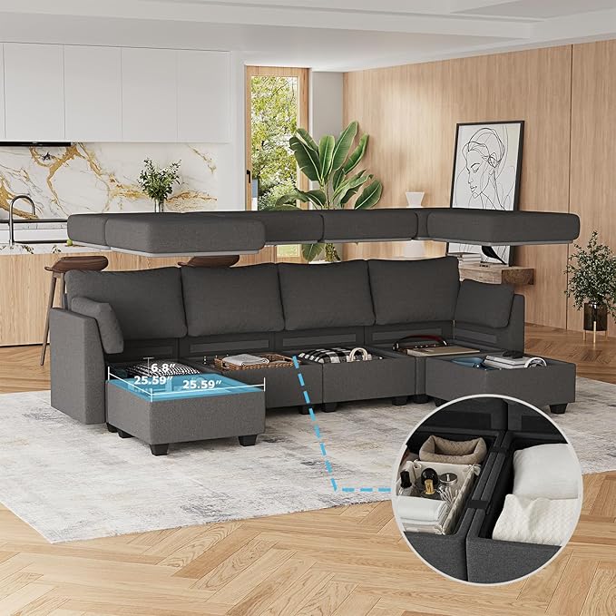 114.17 Modular Sectional Sofa 6 Seat Modular Couch with Storage Memory Foam Convertible Sectional Couches for Living Room U Shaped Comfy Modular Sofa with Chaise Dark Grey