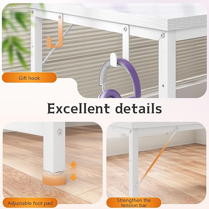 56 Inch White Desk with Drawers &amp Shelf to StorageComputer Desk with Power Outlet &amp LED LightsReversible Office Desk with Hooks for HeadphoneBagsDesk for BedroomDormTeens Study Room
