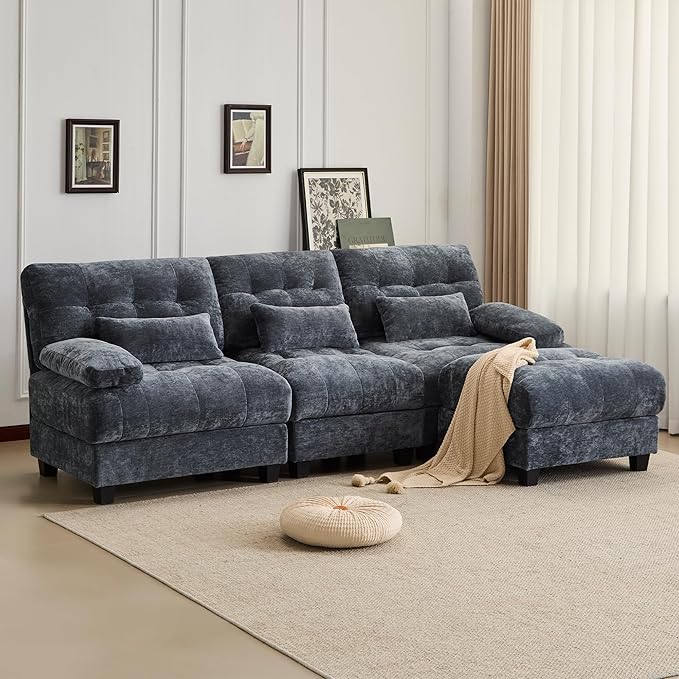93 3+1 Seater Sofa with Ottoman - 4-Position Adjustable Backrest 350lb/Seat Soft Chenille Fabric 3 Throw Pillows Easy Assembly (Blue)