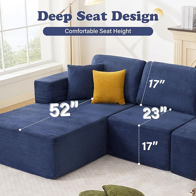 109” Cloud Sectional Couch Boneless Modular Sofa with L-Shape Chaise Deep Seat Corduroy Couch No Assembly Required Modern Upholstered Sectional for Living Room Apartment Bedroom