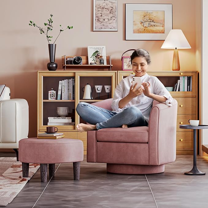 LINSY Swivel Accent Chair with Ottoman - Small Barrel Chair 360 Swivel Modern Armchair Upholstered Reading Chair with Footrest for Living Room Bedroom Study Room Velvet (Pink)