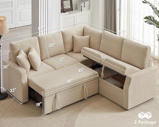 AMERLIFE 85 Inch Sofa Bed Oversized L Shape Couch with Pull Out Bed &amp Storage Seat Oversized Reversible Sleeper Sofa for Living Room Apartment Beige Linen Couch